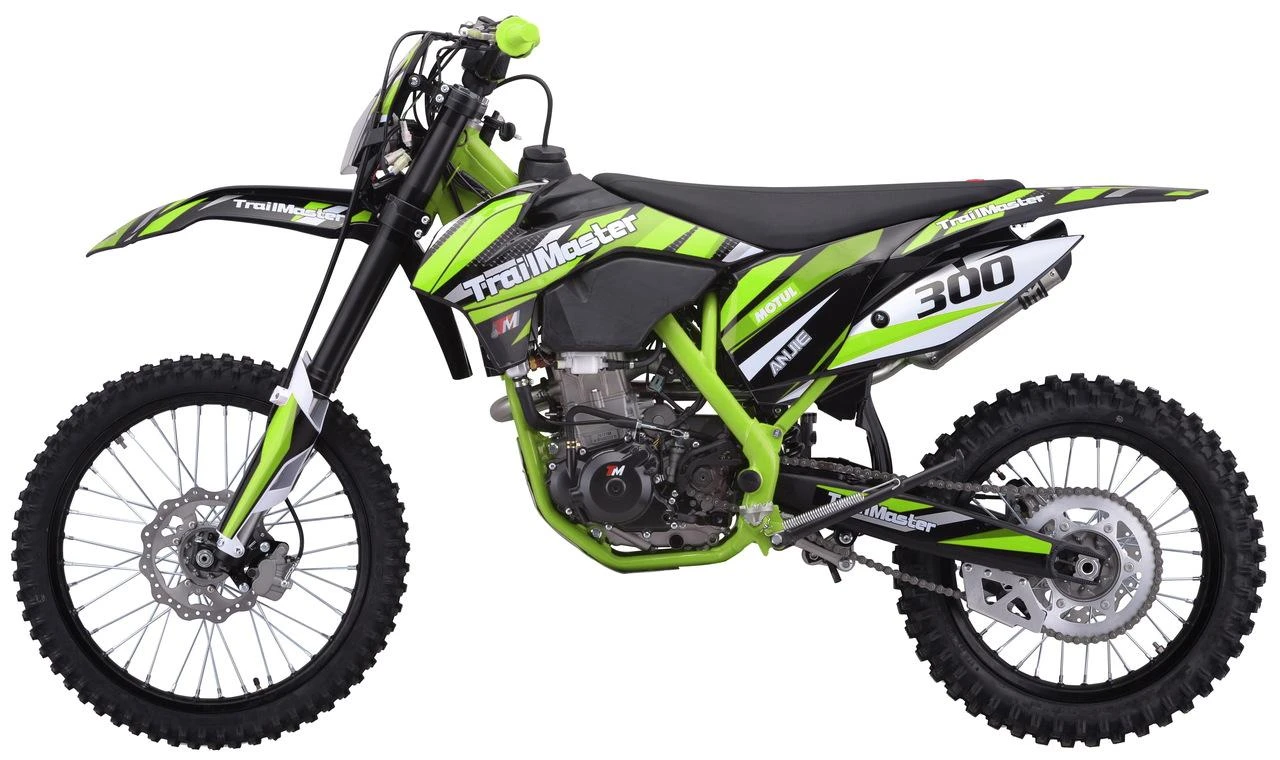 TrailMaster TM38E-300 EFI Full-Size Manual Dirt Bike, green and black motocross bike with knobby tires and a rugged design.