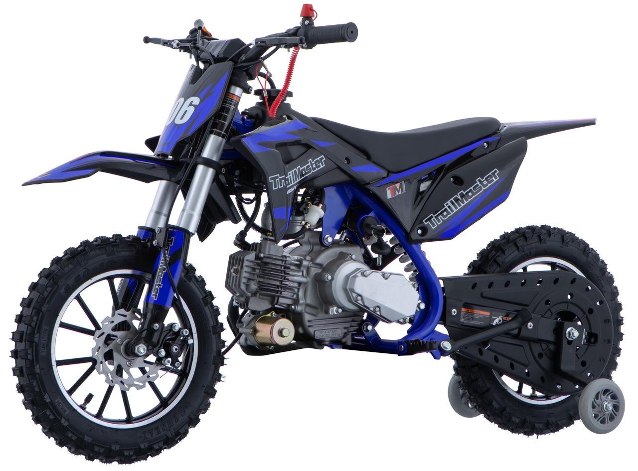 TrailMaster TM06-60 Beginner Dirt Bike, modern black and blue dirt bike with off-road tires, front suspension, and training wheels for beginners.