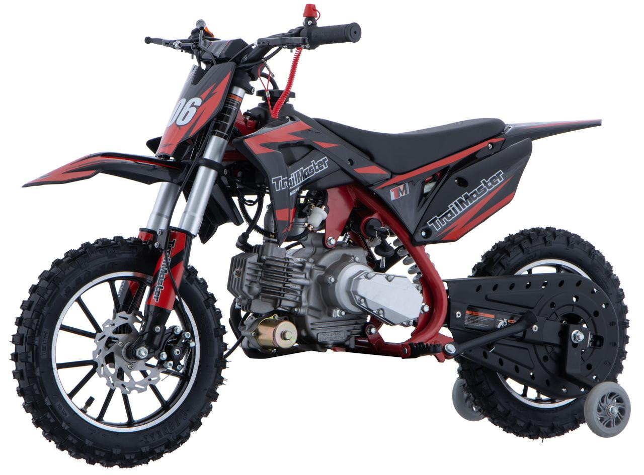 TrailMaster TM06-60 Beginner Dirt Bike, black and red off-road dirt bike with knobby tires, front disc brake, and a compact engine for beginners.