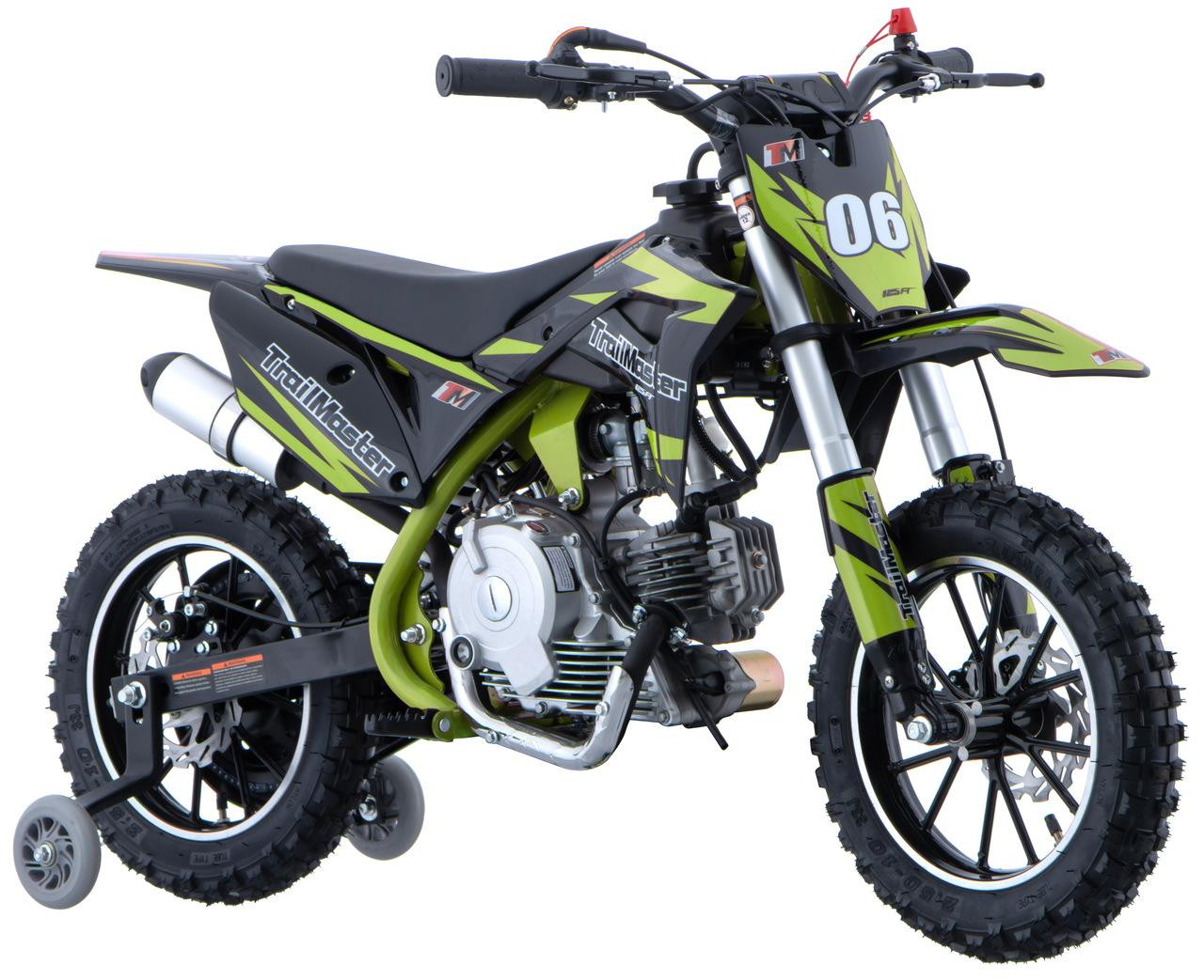TrailMaster TM06-60 Beginner Dirt Bike, sporty off-road dirt bike with black and green design, knobby tires, and lightweight frame suitable for beginners