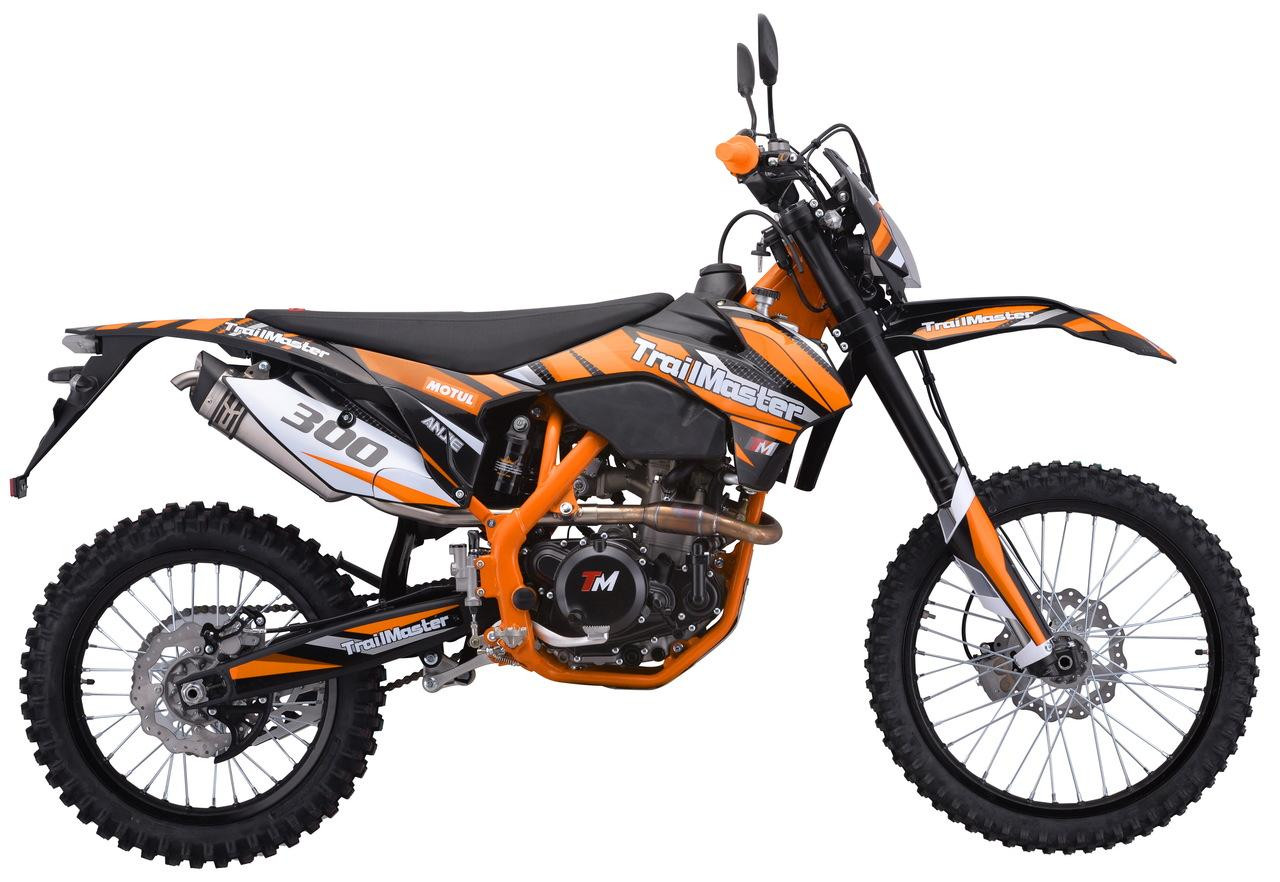 TrailMaster TM38EX (300 EFI) Deluxe Dual-Sport Dirt Bike, orange and black off-road motorcycle with knobby tires, dual shock suspension, and high-performance features.