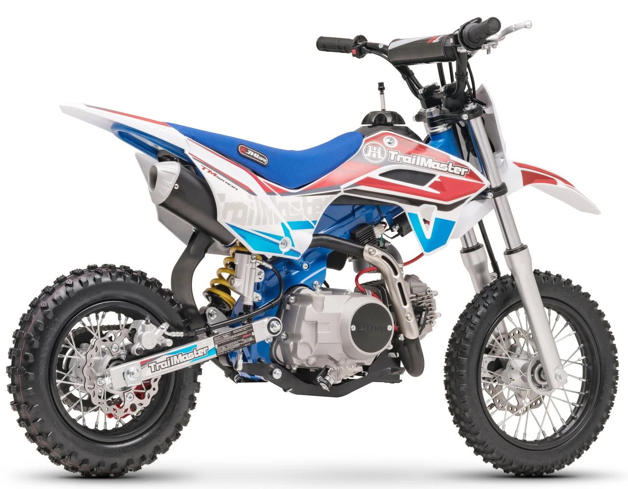 TrailMaster SK110A 110cc Fully Automatic Kids Dirt Bike, colorful motorcycle with blue, red, white, and black design, knobby off-road tires, and advanced suspension system.