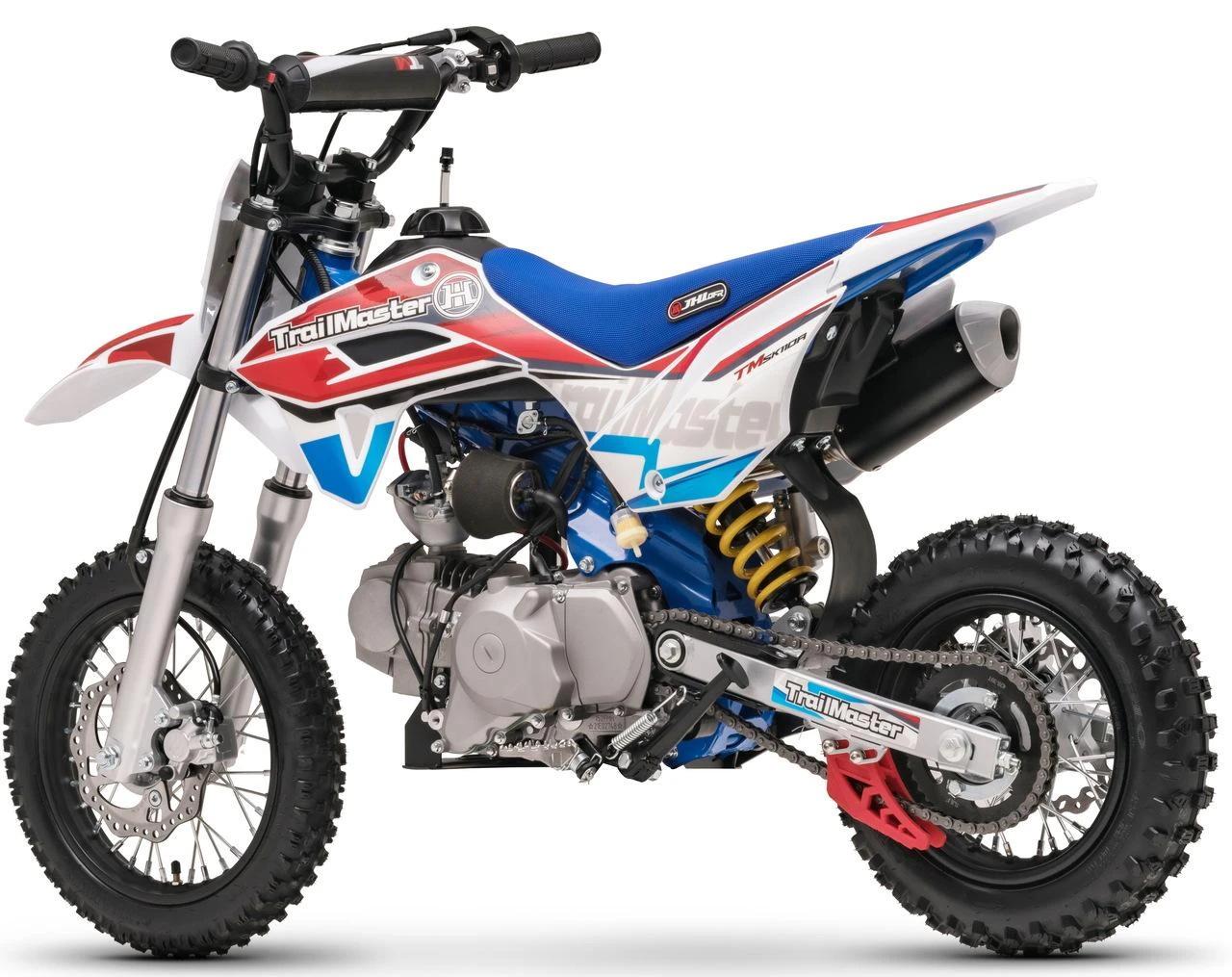 TrailMaster SK110A 110cc Fully Automatic Kids Dirt Bike, shown in a side view with red, white, blue, and black graphics, featuring a blue seat, knobby tires, and a compact engine.