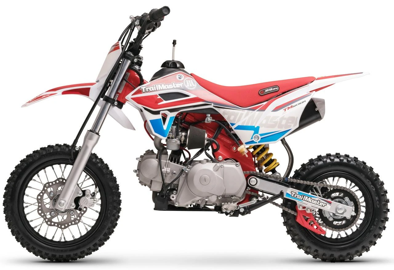 TrailMaster SK110A 110cc Fully Automatic Kids Dirt Bike, red and white motocross motorcycle with knobby tires and suspension system.