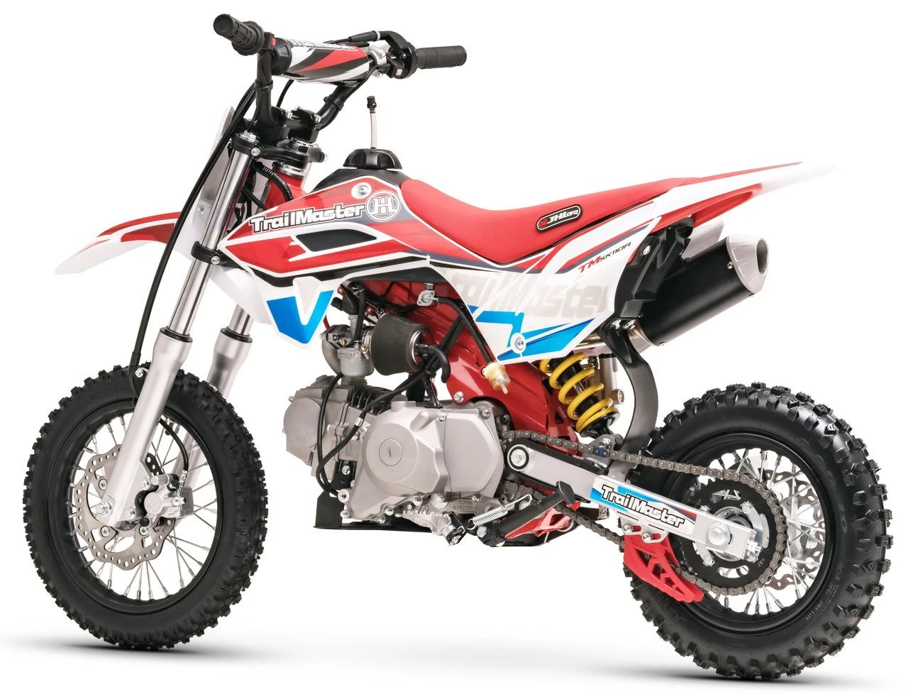 TrailMaster SK110A 110cc Fully Automatic Kids Dirt Bike, red and white motocross motorcycle with knobby tires, suspension, and exhaust system.