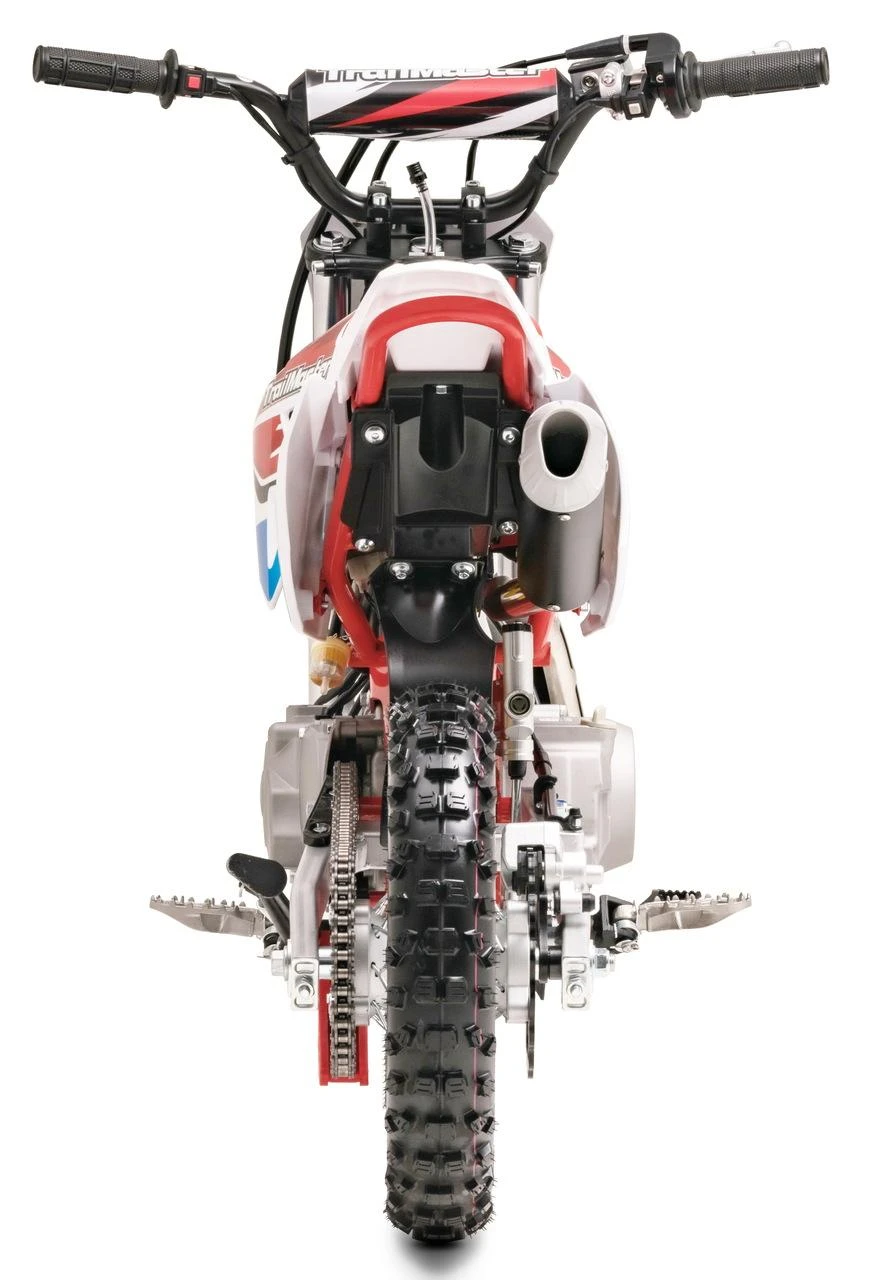 TrailMaster SK110A 110cc Fully Automatic Kids Dirt Bike, front view showing the handlebars, exhaust, and rugged knobby tire.