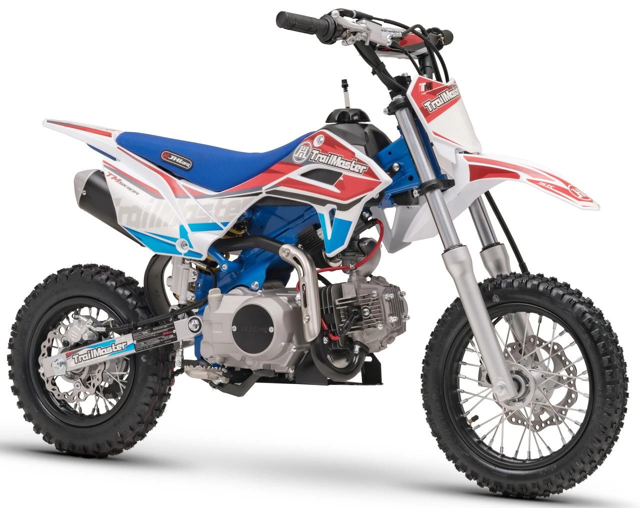 TrailMaster SK110A 110cc Fully Automatic Kids Dirt Bike, detailed view of the lightweight off-road motorcycle with knobby tires, red, white, and blue color scheme, and durable frame.