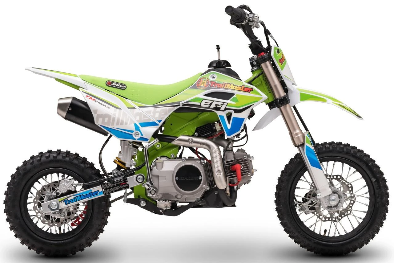 TrailMaster SK110S 110cc Semi-Automatic Kids Dirt Bike, green and white off-road motorcycle with knobby tires, suspension, and a compact design.