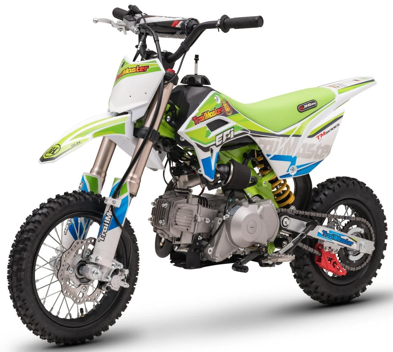 TrailMaster SK110S 110cc Semi-Automatic Kids Dirt Bike, green and white motocross bike with off-road tires, front disc brake, and detailed engine and suspension components.
