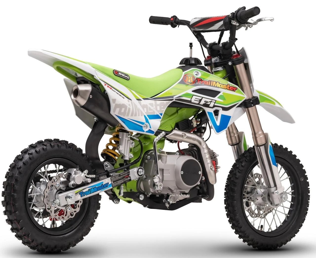 TrailMaster SK110S 110cc Semi-Automatic Kids Dirt Bike, green and white motocross bike with knobby tires and suspension system.