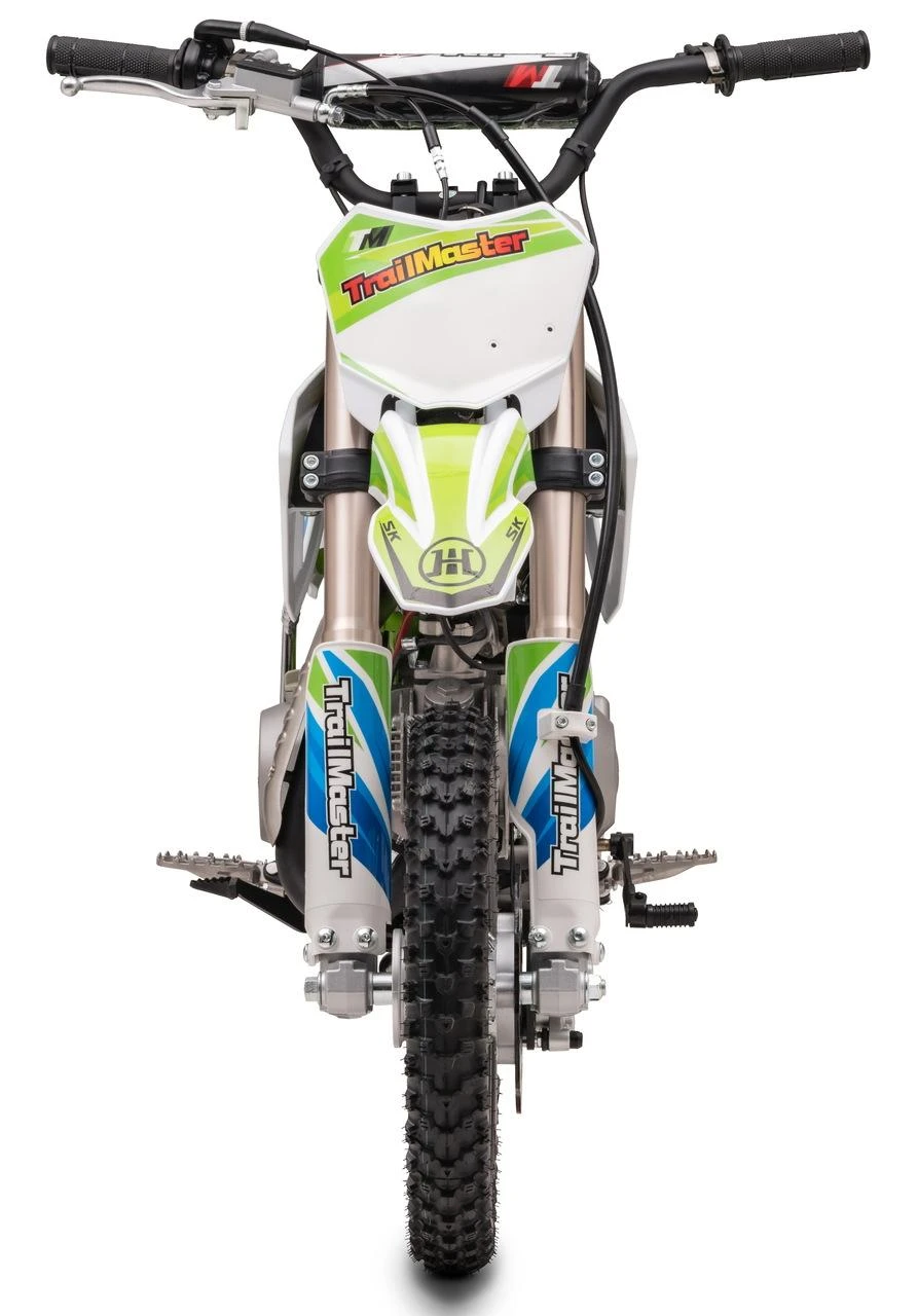 TrailMaster SK110S 110cc Semi-Automatic Kids Dirt Bike, front view with vibrant green, blue, and white body panels, knobby off-road tire, and handlebar grips.