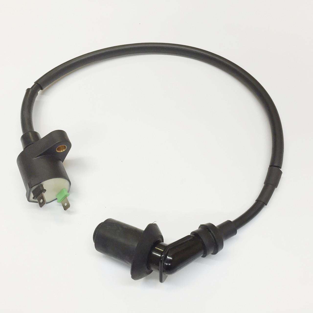TrailMaster Go Kart 150 XRS & 150 XRX Ignition Coil GoKartMasters, black ignition coil with electrical connectors on a white background.