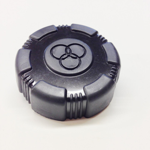 TrailMaster Challenger 150 UTV Fuel/Gas Cap, black round replacement fuel tank cap with a ridged grip and three-circle emblem, shown on a white background.