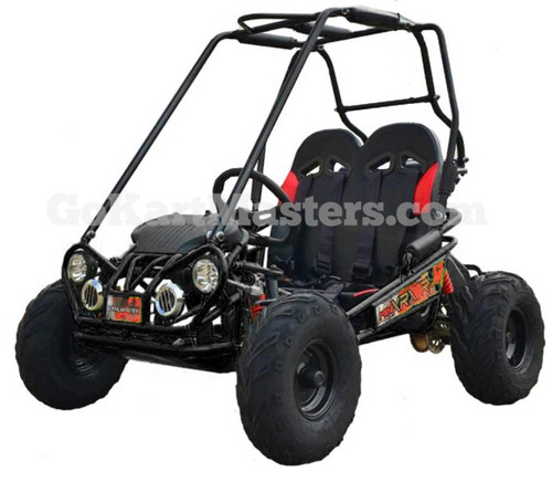 TrailMaster Mini XRX/R+ Go Kart with Reverse, black and red kids’ two-seat go-kart with roll cage, bucket seats, headlights, and chunky off-road tires, shown against a white background.