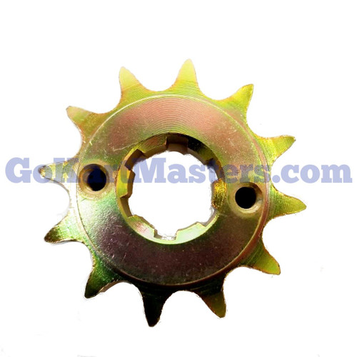 TrailMaster 150 & Challenger 150 Upgrade Power Torque 12 Tooth Top Sprocket, gold-tone metal sprocket with 12 teeth, a splined center opening, and two mounting holes shown against a white background.
