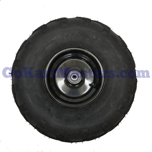 Mini XRX Plus & Mini XRX-R Plus Left Front Wheel & Tire Assembly 145/70-6, black tire with glossy black wheel and center hub shown against a white background.