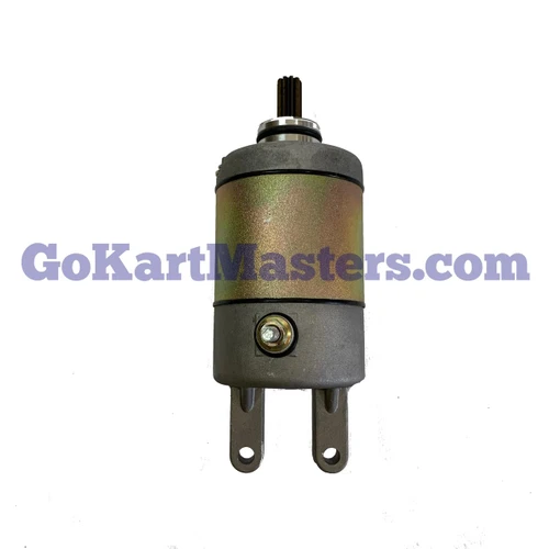 TrailMaster 300 Starter Motor - ALL 300s, front view of a replacement starter motor with a gold-toned cylindrical housing, splined shaft, electrical terminal, and twin mounting brackets on a white background.