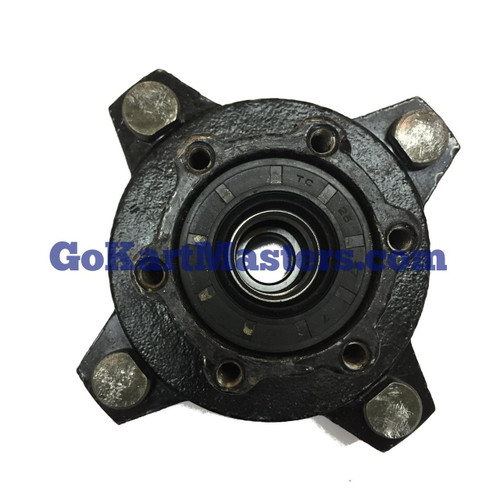 TrailMaster 150/300 Front Wheel Hub/GO Kart & UTV, close-up of sturdy black metal wheel hub with bearing and bolt holes for attachment.