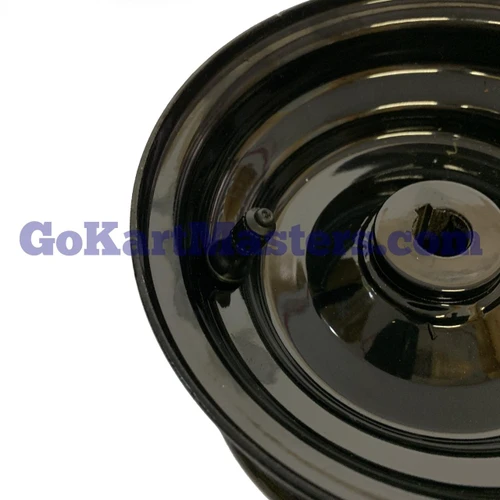 TrailMaster Go Kart Rear Rim 6 inches, Mini XRS, XRX, XRX-R with 13 inch tires, black metal wheel with bolt holes and central hub.