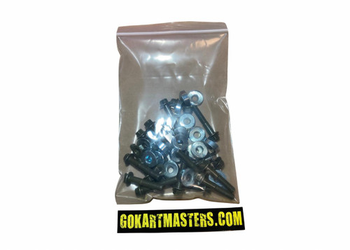 TrailMaster Mid & Blazer 200R Frame Hardware Set, image of assorted screws, bolts, washers, and nuts in a clear plastic bag with a black and yellow GOKARTMASTERS.COM label on white background.
