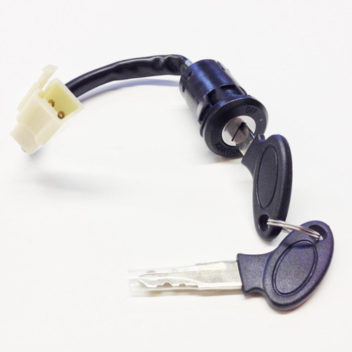TrailMaster Mini XRX+/XRX-R+ Ignition Key Switch, black ignition switch with key, wiring harness, and two keys laid out on a white background.