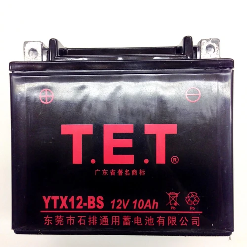TrailMaster 200 XRS and 200 XRX Go Kart Battery, black 12V 10Ah industrial battery with red labeling and international recycling symbols.
