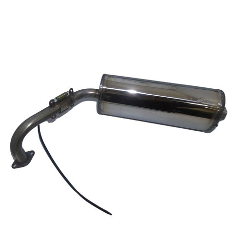 Trailmaster 200 EFI Exhaust with O2 sensor installed, motorcycle exhaust system with chrome finish and attached O2 sensor wire.