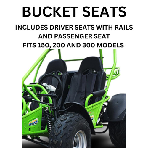 Trailmaster 150 XRX Complete Seat Assembly - 2 Seats, black bucket seats with rails for off-road utility vehicles.