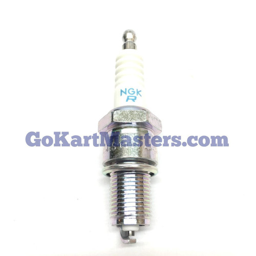 TrailMaster Cheetah 8 Go Kart Spark Plug, detailed image showing the spark plug with a metal threaded bottom, white insulator with blue markings, and a metallic tip for engine ignition.