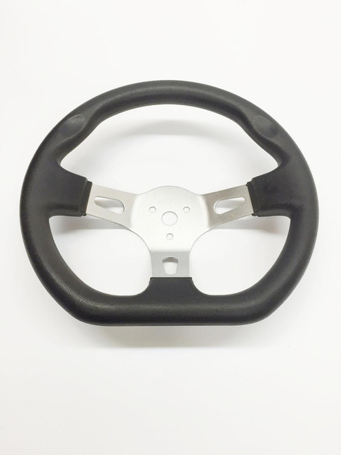 TrailMaster Cheetah 8 Go Kart Steering Wheel, black steering wheel with metal mounting spokes.