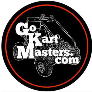 Trailmaster Cheetah 8 Reverse Gearbox, circular logo with a black background, white cartoon vehicle illustration, and the text 'Go Kart Masters.com' in stylized white font.