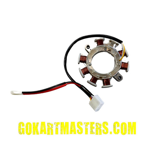 Trailmaster Mini Go Kart Stator for 2024 models, image showing a circular electrical component with copper coils and attached wiring for mini go karts.