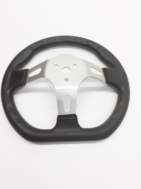 TrailMaster Cheetah 6 K1 Go Kart Steering Wheel, black rubber grip with metallic silver central hub and mounting holes for installation.