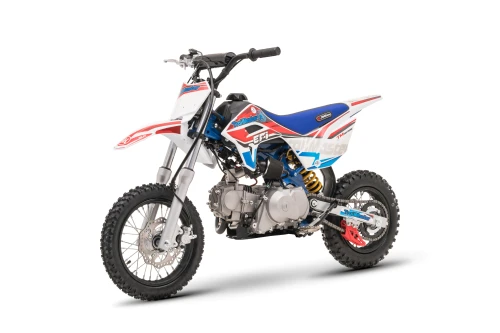 Trailmaster SK110E Kids Dirt Bike, electric start, 25-inch seat height, automatic transmission, EFI engine, colorful red, white, and blue design.