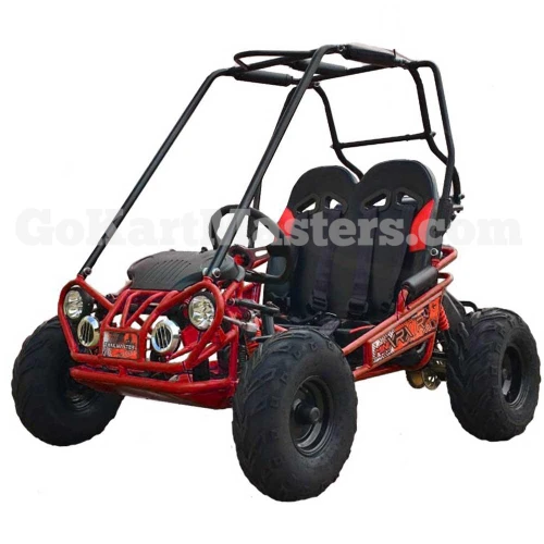 TrailMaster Mini XRX/R+ Go Kart with Reverse, assembled youth off-road go-kart featuring a red frame, four large off-road tires, dual black seats with safety harnesses, front headlights, and a roll cage for ages 4 and up.