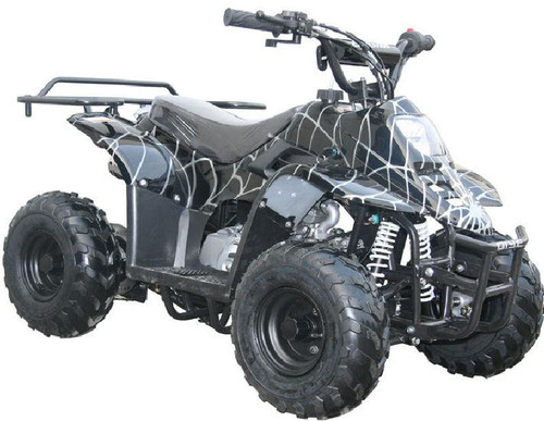 TM 3050c Mini 110cc ATV, rugged all-terrain quad bike with black and white spiderweb pattern, large off-road tires, and durable frame.