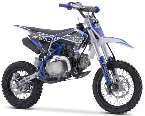 TM TM23 Youth Dirt Bike 29" Seat, semi-automatic with electric start and front and rear disc brakes, sturdy off-road tires, and blue and black design.