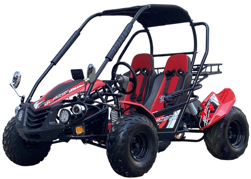 TM Blazer i2K Full Size Battery Powered Go Kart, red and black off-road mini car with dual seats, sturdy tires, and a protective roll cage.