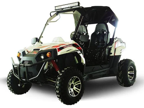 Trailmaster Challenger 300 EX 300cc SXS, a white and black off-road utility vehicle with four large tires, a roll cage, and seating for two.