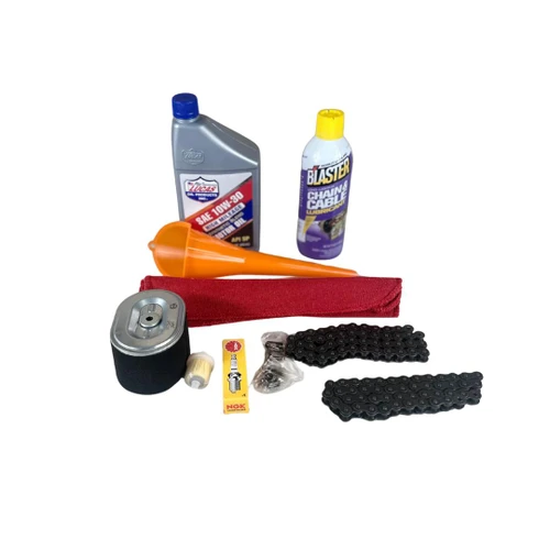 Mini Go-Kart Complete Service Kit — Fits Mini XRS, Mini XRX, Mini XRX-R with 5.5 hp / 7.0 hp engine, including oil, chain lube, air filter, spark plug, chain, tools, and accessories for maintenance and repair.