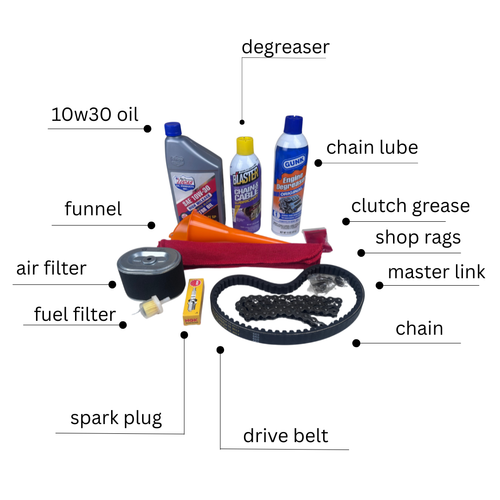Labeled parts included in minibike maintenance kit — engine oil, drive chain, belt, air filter, fuel filter, spark plug, chain lube, funnel, shop rags