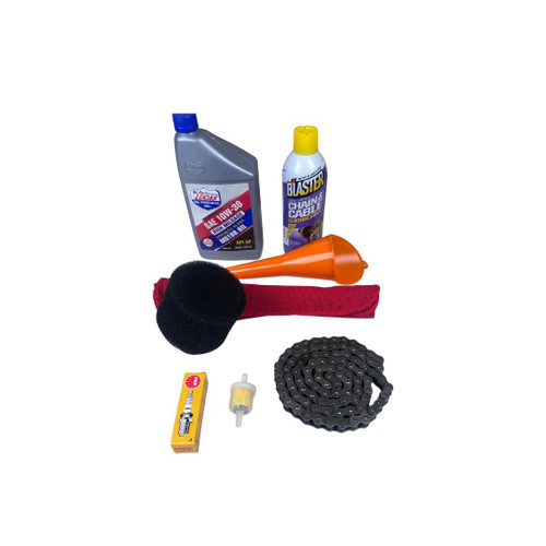 TrailMaster Dirt Bike Complete Service Kit, featuring oil, chain lubricant, air filter, spark plug, chain, and application tools for TM10, TM11, TM15, SK110, TM23, MK110, MK125, TM24, MX250 models.
