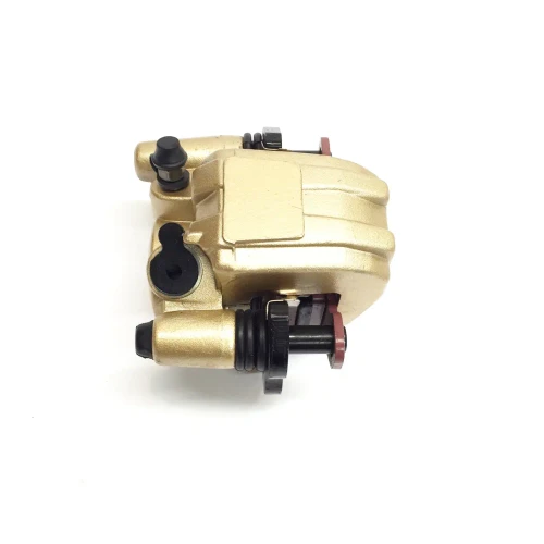 TrailMaster 200 XRS Complete Front Brake Kit, all-metal front brake caliper with gold finish, black rubber dust boots, and mounting hardware on a white background.