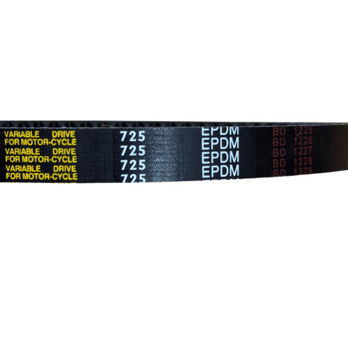 TrailMaster Hurricane 200X and 200X Pro Torque Converter Drive Belt, close-up of the black belt with yellow, white, blue, and red printed specifications and coding.