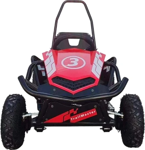 TrailMaster Cheetah 3 Kids Go-Kart, front view of a red and black children's go-kart with rugged tires and safety features.