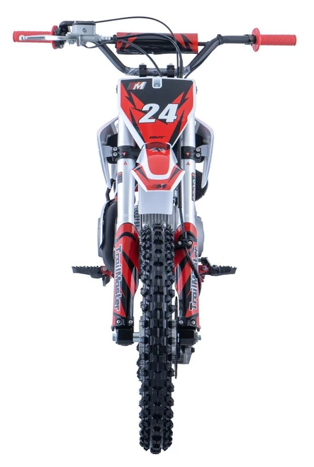 TrailMaster TM24-125 Semi-Automatic Youth Dirt Bike, front view showing red, black, and white design with knobby off-road tires and handlebars with red grips.