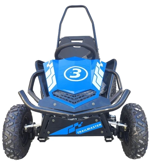 TrailMaster Cheetah i3 Electric Go-Kart, front view showing a blue and black design with a number 3 on the front, rugged off-road tires, and safety bumper.