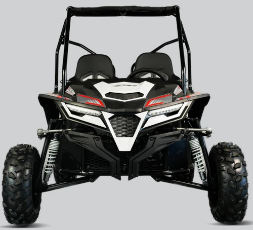 TrailMaster Cheetah 8 Youth and Adult Go-Kart, front view of the off-road vehicle with black and white body, sturdy tires, and protective roll cage.