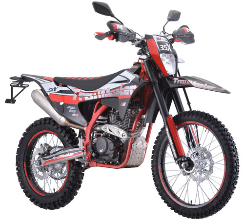 TrailMaster TM35X-250 Deluxe Dual-Sport Dirt Bike, black and red motorcycle with knobby tires, high front fender, and sporty design for off-road and on-road riding.