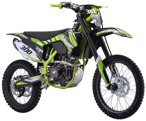 TrailMaster TM38E-300 EFI Full-Size Manual Dirt Bike, off-road motorcycle with green and black body, knobby tires, and a sturdy frame designed for rough terrains.